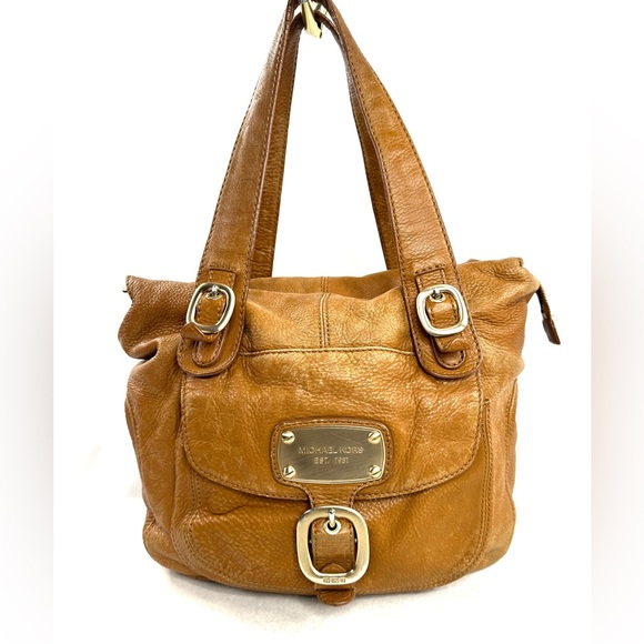 Michael Kors Caramel Brown Textured Leather Medium Shoulder Bag Satchel Buckle - Picture 1 of 13